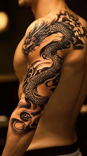 The man shows off a dragon tattoo