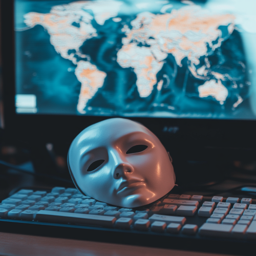 The masked face on computer keyboard
