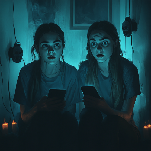 The two girls listen to horror podcast fearfully.