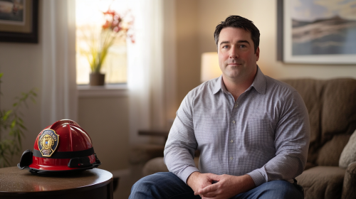 Therapist in office with firefighter's helmet and police badge