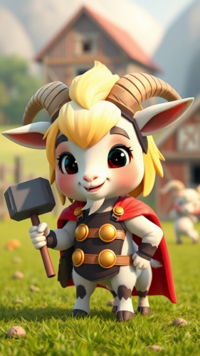 Thor, a cute blonde goat with hammer, cape.