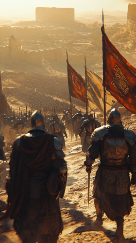 Thousands of soldiers in medieval armor advancing on Jerusalem.