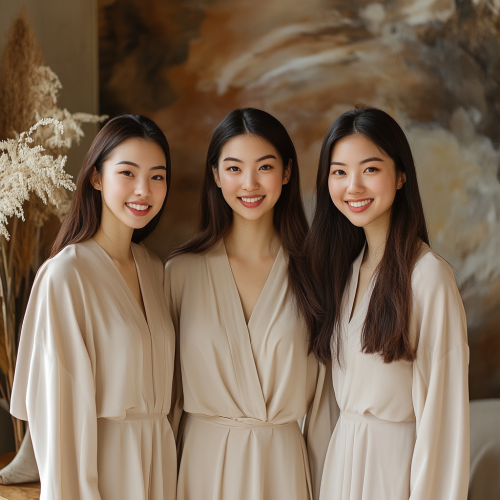 Three Elegant Asian Women in Luxurious Caftans