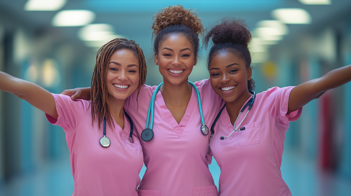 Three Happy Nurses Celebrating in Bright Hospital