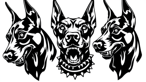 Three-Headed Doberman Tattoo Stencil with Spiked Collar