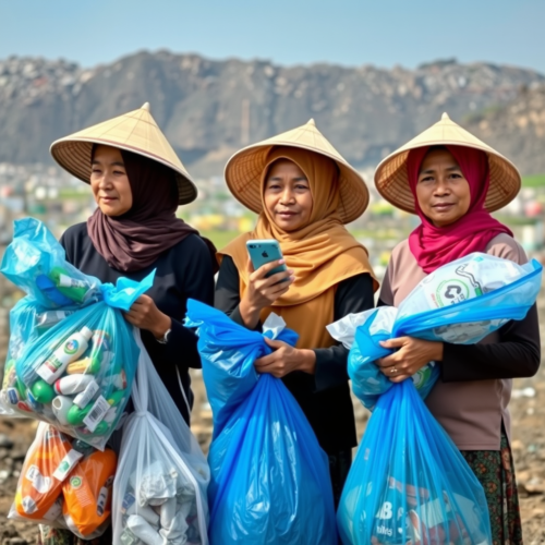 Three Indonesian women collect recyclable plastic at landfill.