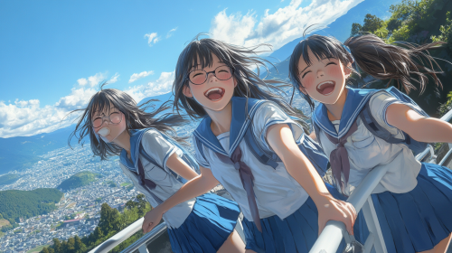 Three Japanese high school girls laughing on rooftop. Three Japanese high school girls laughing on rooftop.