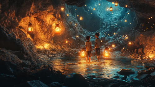Three Kids Exploring Cave with Lanterns