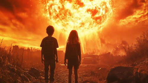 Three Kids in Ruined City After Nuclear Blast