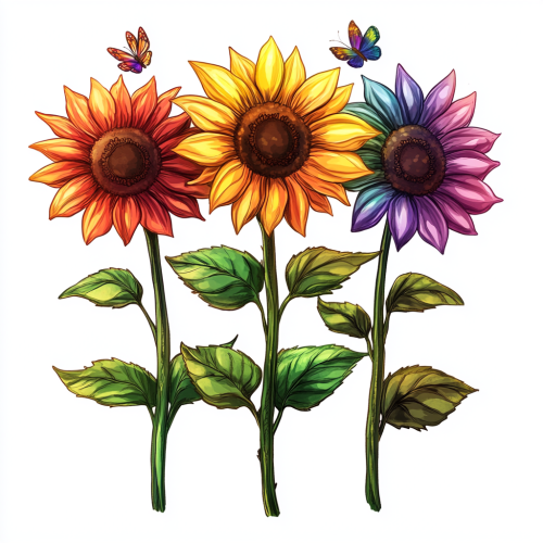 Three LGBTQ Colored Sunflowers with Small Creatures