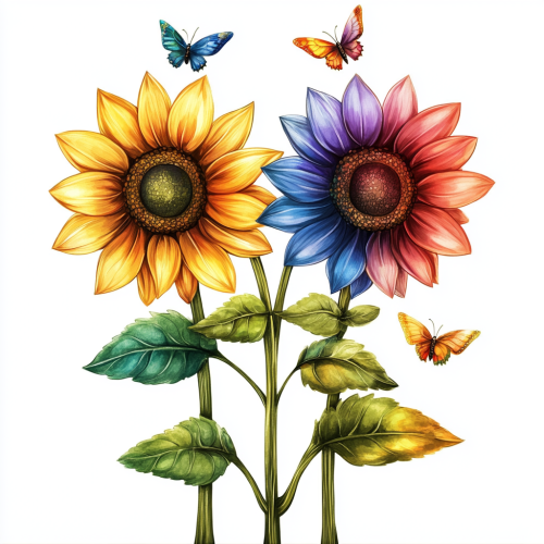Three LGBTQ-Colored Sunflowers with Tiny Insects