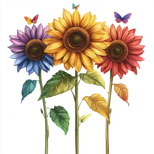 Three LGBTQ Rainbow Sunflowers with Small Insects