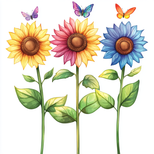Three Rainbow-Colored Sunflowers with Small Butterflies