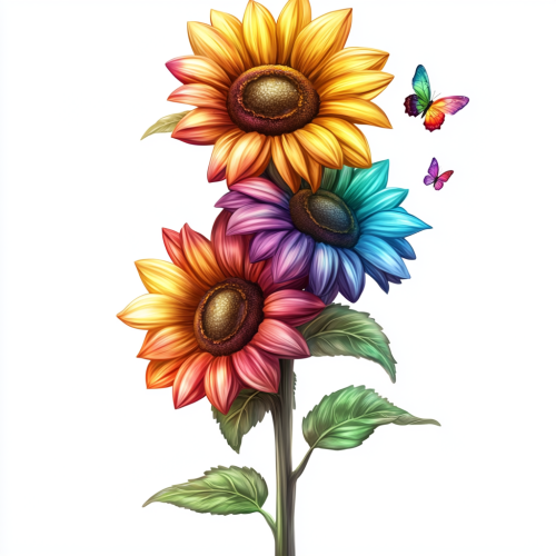 Three Rainbow-Colored Sunflowers with Tiny Insects