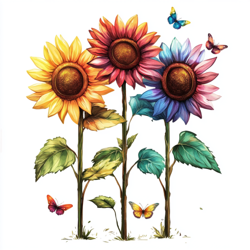 Three Rainbow Sunflowers with Butterflies Isolated