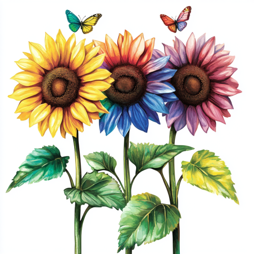 Three Rainbow Sunflowers with Butterflies on White