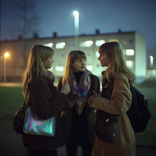 Three Scandinavian Girls Chatting outside School at Night Three Scandinavian Girls Chatting outside School at Night