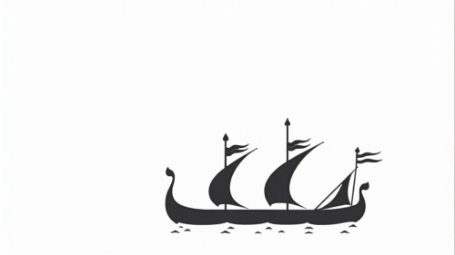 Three Viking longships sailing together in black and white.