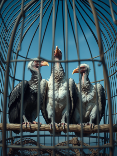 Three Vultures in a Cage: A Surreal Image