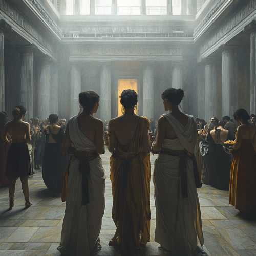 Three Women in Ancient Greek Outfits at Party