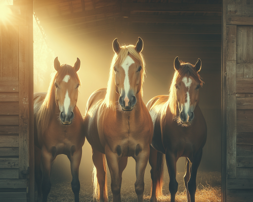 Three beautiful brown horses in vintage style photo.