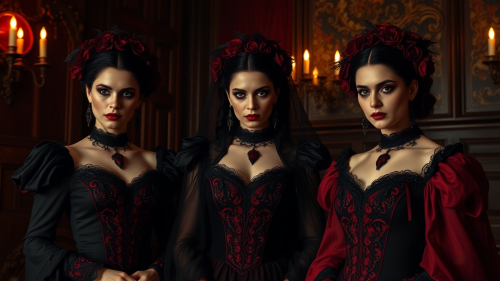 Three beautiful vampire brides in dark Victorian room.
