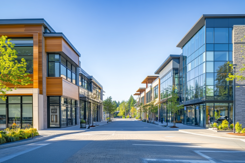 Three buildings in a row in cityscape