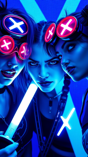 Three cybergoth girls on a futuristic ship