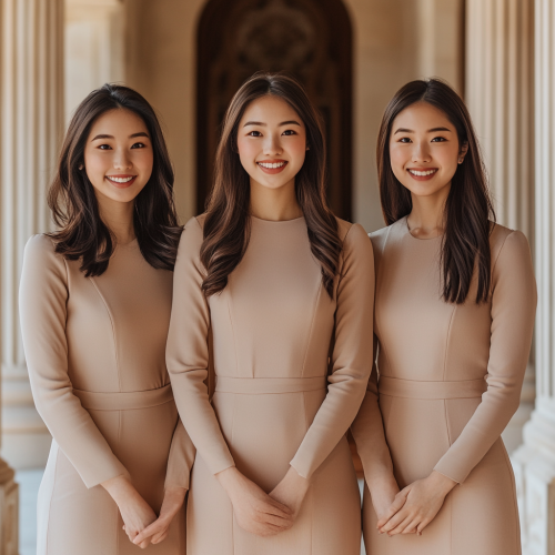 Three elegant Asian women in professional attire smiling
