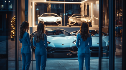Three girls in blue suits look at lamborghinis. Three girls in blue suits look at lamborghinis.