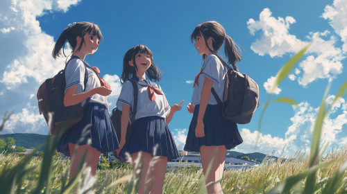 Three happy Japanese girls in traditional school uniforms. Three happy Japanese girls in traditional school uniforms.