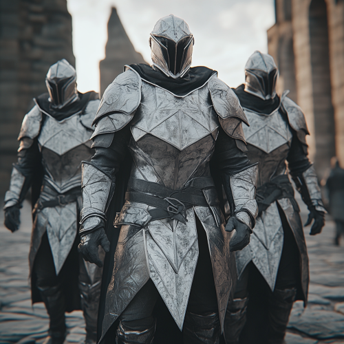 Three heroic men in glowing, magical armor