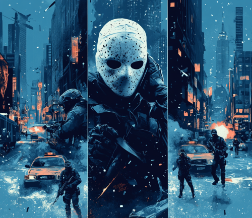 Three-panel blue action movie poster with city background.