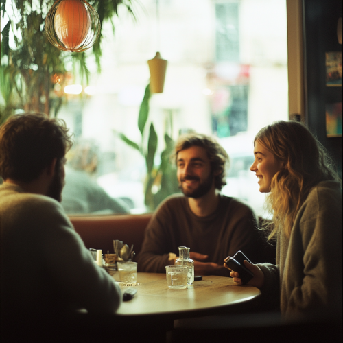 People in cozy cafe, smiling and relaxed.