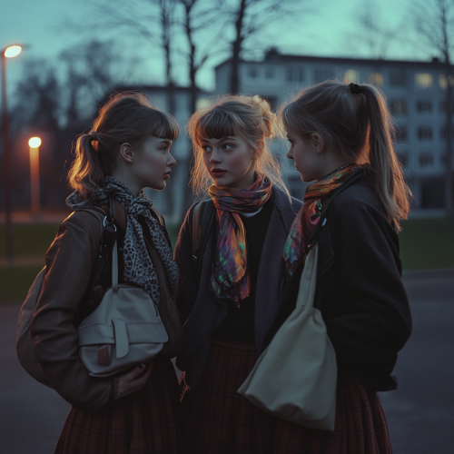 Three scandinavian girls chat outside school at night Three scandinavian girls chat outside school at night