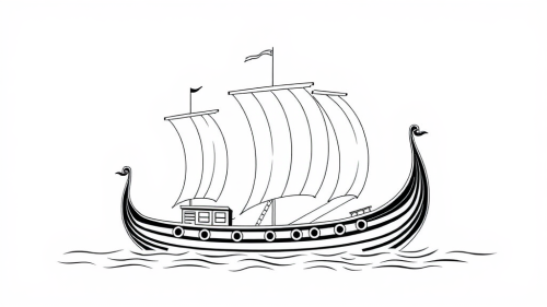 Three simple viking longships sailing together in black.