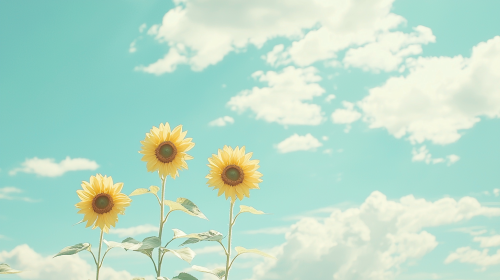 Three sunflowers under blue sky and white clouds