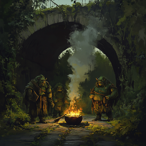 Three trolls around a smoking cauldron under a bridge.