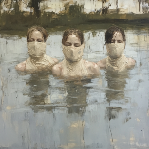Three women in water, covered in plaster