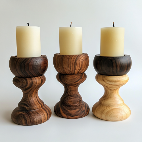Three wood candle holder on white background.
