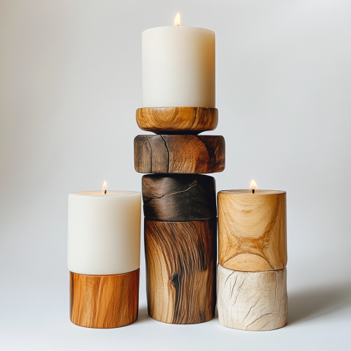 Three wooden candle holders on white background