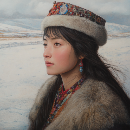 Tibetan woman in snowy landscape with fur hat