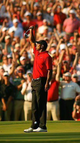 Tiger Woods nails flop shot, crowd cheers his victory. Tiger Woods nails flop shot, crowd cheers his victory.