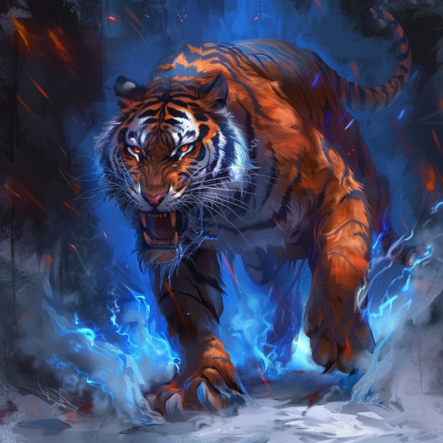 Tiger in dungeons and dragon art with fiery background.