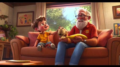 Timmy boy, camel, Grandpa eating banana split together.