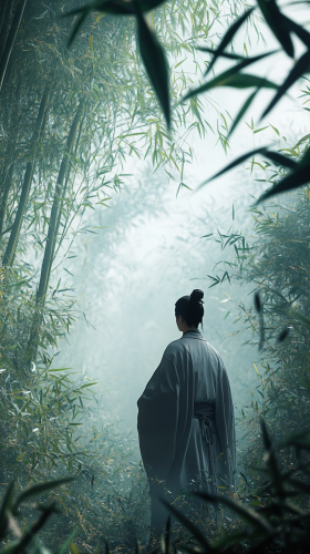 Tiny Taoist sage in misty bamboo forest.