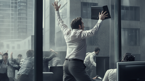 Tired Office Worker Throws Computer Out Window