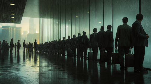 Tired workers in line outside busy meeting room