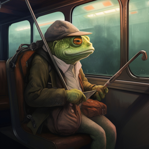Toad wearing macintosh on bus