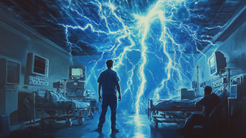 Tommy Lee in hospital emergency room surrounded by lightning.